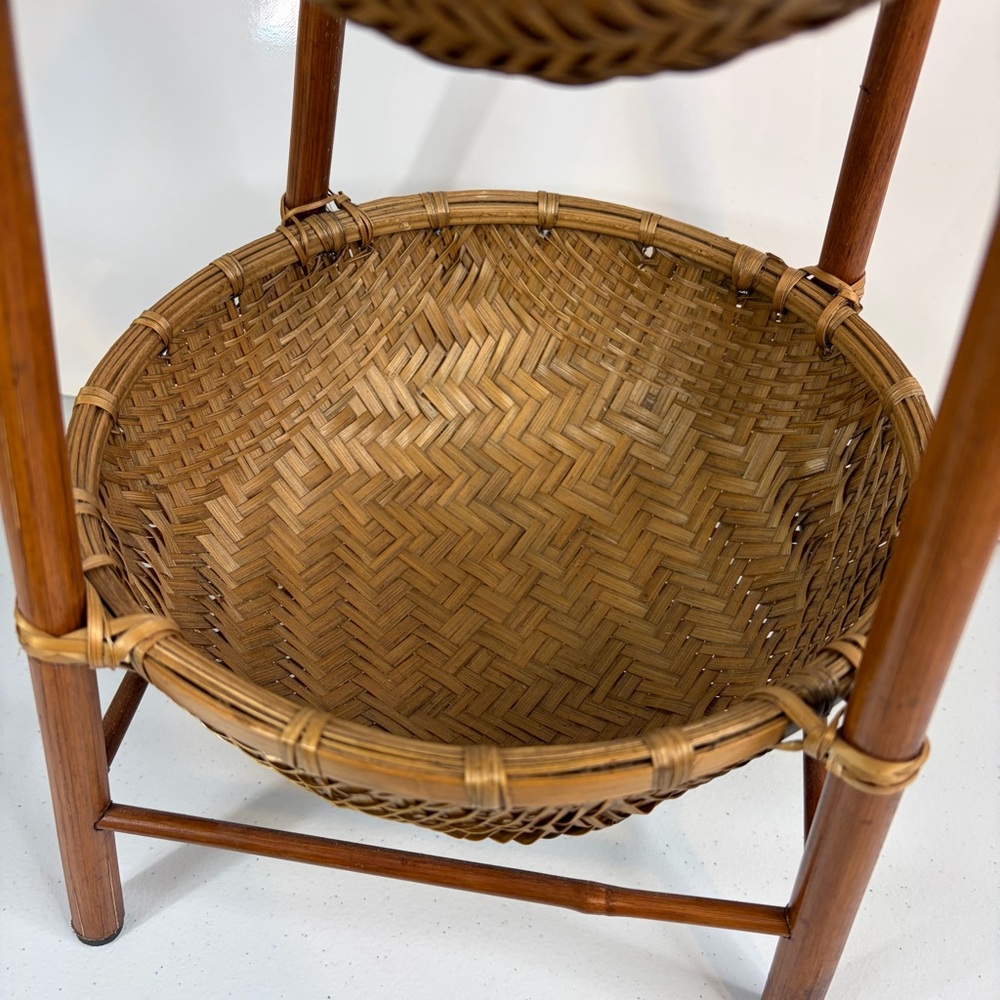 Vintage Rattan 2 Tier Trinket Stand Woven Wicker Tiered Pedestal Basket Decor - Picture 3 of 8